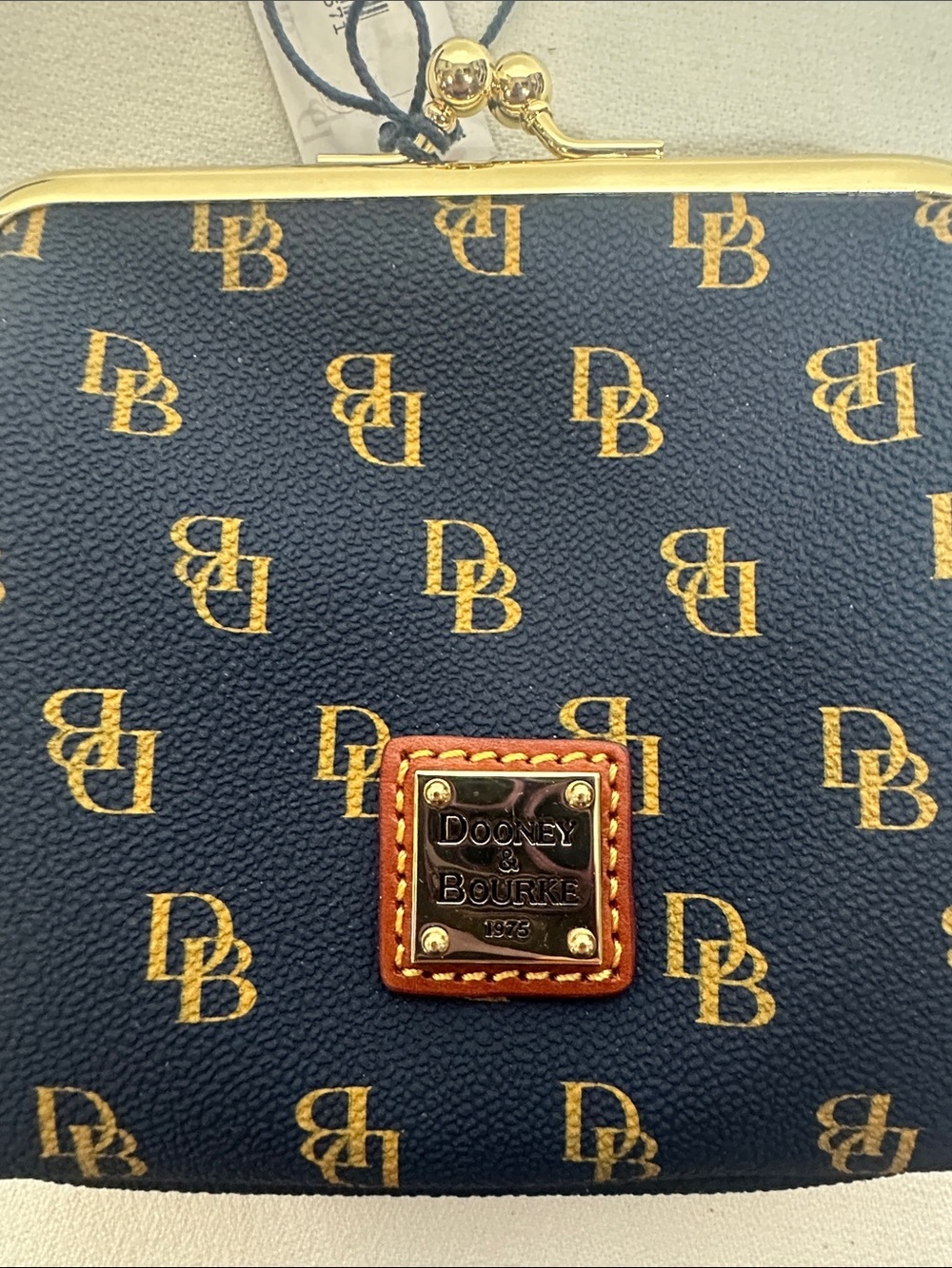 Dooney & Bourke Navy and Gold DB Monogram Kiss-Lock Coin Purse - Picture 2 of 11